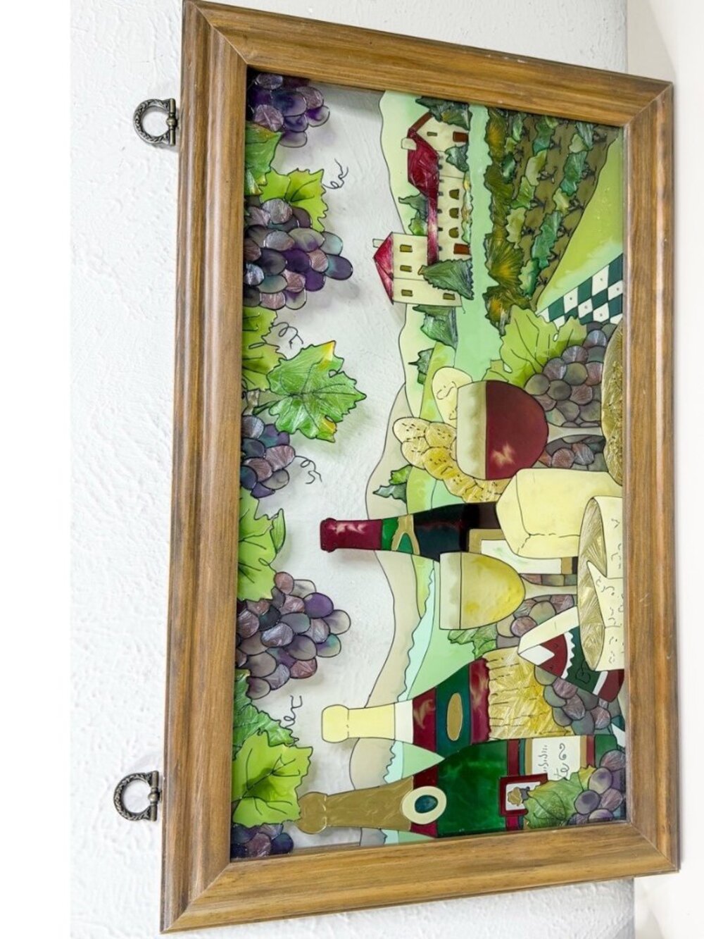 VTG Joan Baker Frame 13x22 Wine & Cheese Tiffany Style Stained Glass Hanging EUC